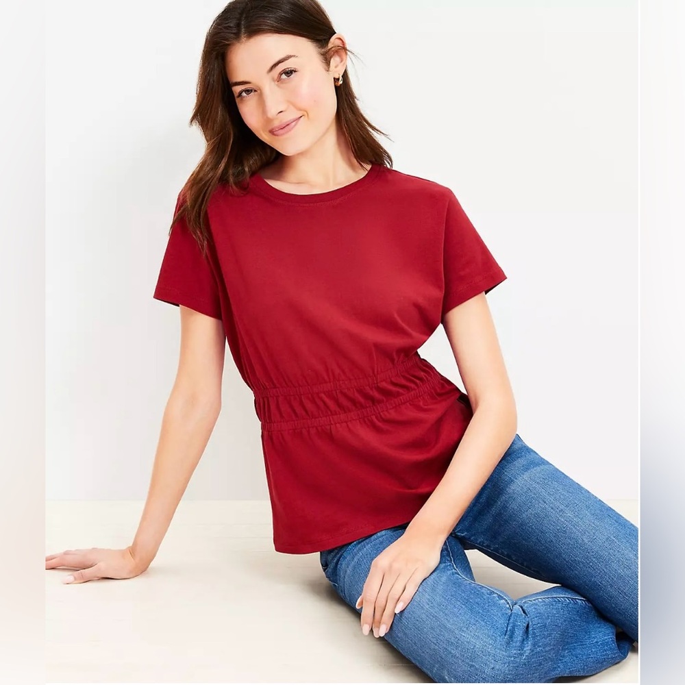LOFT Pale Ruby (Red) Elastic Waist Peplum Tee - Large - Style # 750135 - NWT